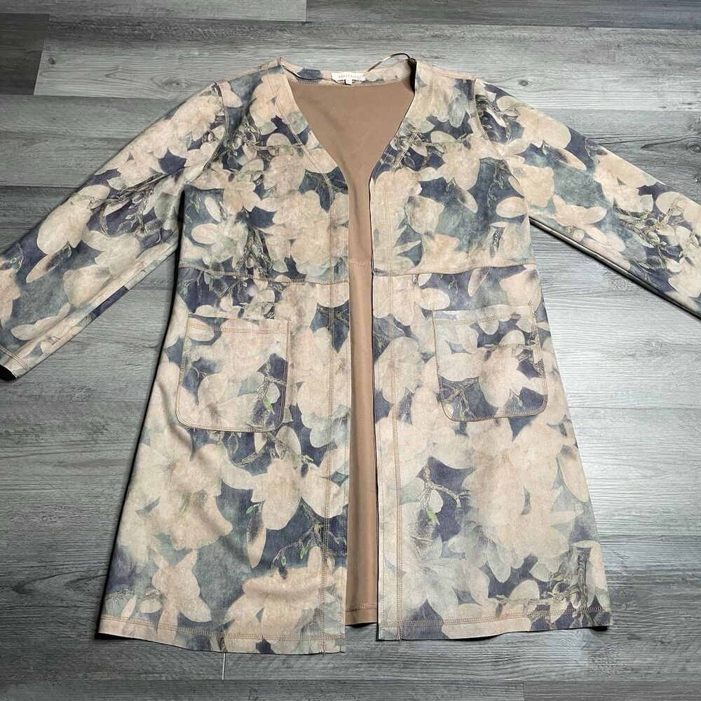 Solitaire Anthropologie Mid Lth Jacket Coat Faux Suede Floral Open Front Size XL